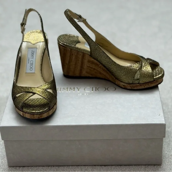 Jimmy Choo Gold Wedge Peep-Toe Sandals - Picture 1 of 6